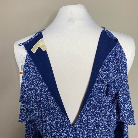 MICHAEL KORS Blue Floral Print Ruffle Trim Cold Shoulder Poly Chiffon Dress - Picture 9 of 12